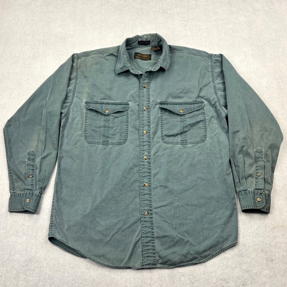 Vintage Eddie Bauer Shirt Mens Medium Green Rufton Twill Heavy Cotton Overshirt